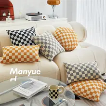 蔓越家 チェック柄クッション【円形・ソファ用・腰枕・インテリア】