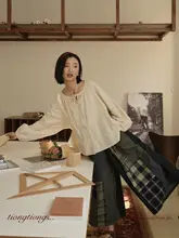 TIONGTIONG チェック柄切り替えデニムパンツ【春用・ゆったりサイズ・ワイドレッグ・レディース】
