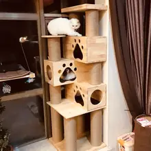 松材製キャットタワー【大型・天然麻ロープ・猫ハウス付き】