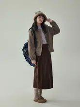 AMUU レディース レトロ高腰コーデュロイのロングスカート【前スリット・ウエストゴム・厚手】