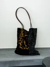 動物柄シルク製レトロレオパードトートバッグ【肩掛け・ラメ装飾】