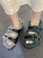 ラウンドトゥベルトバックルデザインのスリッポンタイプサンダル【フェイクラムファー・秋用・女性用】