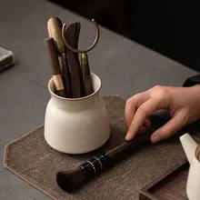 米色の汝窯茶道筒 六君子功夫茶具【陶器製・茶夹・茶さじ・茶針付き】