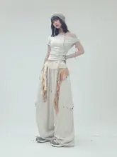 カジュアルカラーブロックデザインのボヘミアン風ワイドパンツ【透け感ある素材・ゆったりしたシルエット】
