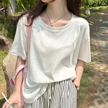 リネン混ショートスリーブTシャツ【夏用・ホワイト・ゆったりデザイン】
