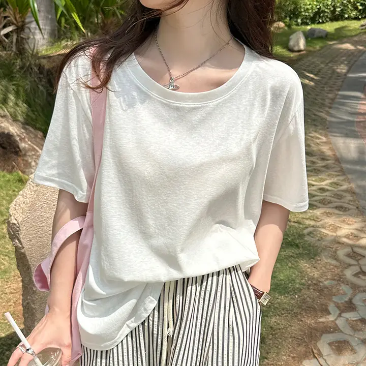 リネン混ショートスリーブTシャツ【夏用・ホワイト・ゆったりデザイン】
