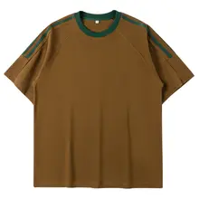コーヒー色の夏用斜め織りコットン半袖Tシャツ【ゆったりとしたフィット・レトロデザイン・通気性・バイカラー】