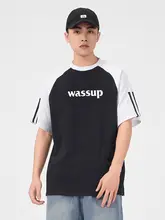 半袖Tシャツ メンズ 3本ライン テープデザイン バイカラー レタープリント オーバーサイズ ストリート スポーツ 夏「WASSUP」