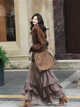 優雅なレトロフリルデザインのロングスカート【ハイウエスト・Aライン・秋用】