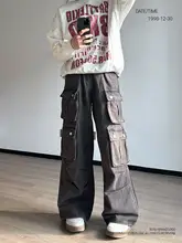マルチポケット ヴィンテージウォッシュ デニムパンツ 男女兼用 ワイドレッグパンツ
