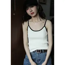 復古風バイカラー ニットキャミソール【夏用・美背デザイン・無袖】