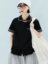 フリル付き白色ドールカラーシャツ【夏用・コットン・カジュアル・ゆったり・通勤対応】
