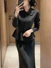 優雅なデザインのダークグレーコーディネート【翻領・ウエストシェイプ・通勤ファッシ ョン】（セットアップ対応）