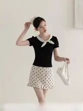 黒のドット柄バタフライリボン付きパフスリーブTシャツ【デザイン性・フィット感】