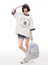 Tシャツ レディース 半袖 クルーネック 子犬柄 フロッキー加工 アメカジ ヴィンテージ プレッピー ゆったり 若見え バイカラー