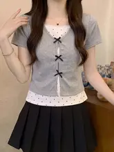 韓国風 学院風フェイク2点セット 半袖Tシャツ【リボン・ドット柄・甘美なおしゃれ】（セットアップ対応）
