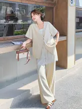シンプルな通勤スタイルの女性用上下セット【デザイン性高い・ショートスリーブ・レースコンビ・ロングパンツ】（セットアップ対応）