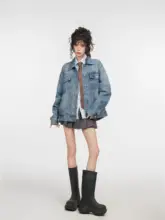 アメリカンレトロ デニムジャケット【ブルー・春秋・上品・小柄向け・ゆったりフィット】