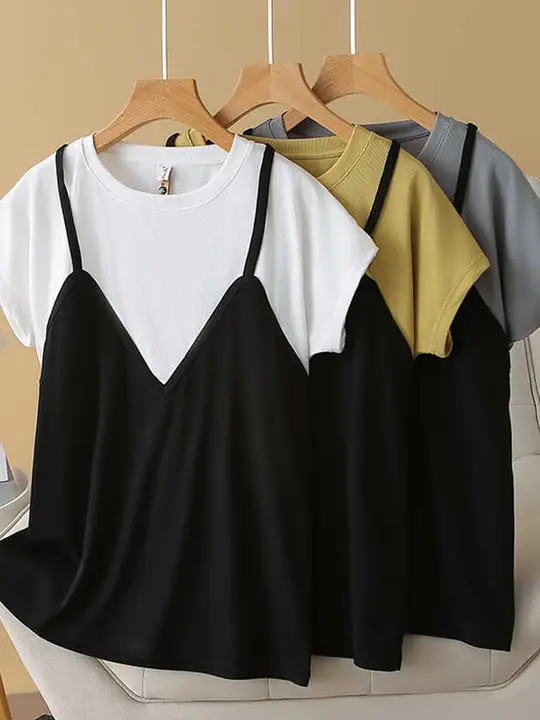 バイカラー切り替えデザインのゆったりトップス【大きいサイズ・短袖・お腹カバー】（セットアップ対応）