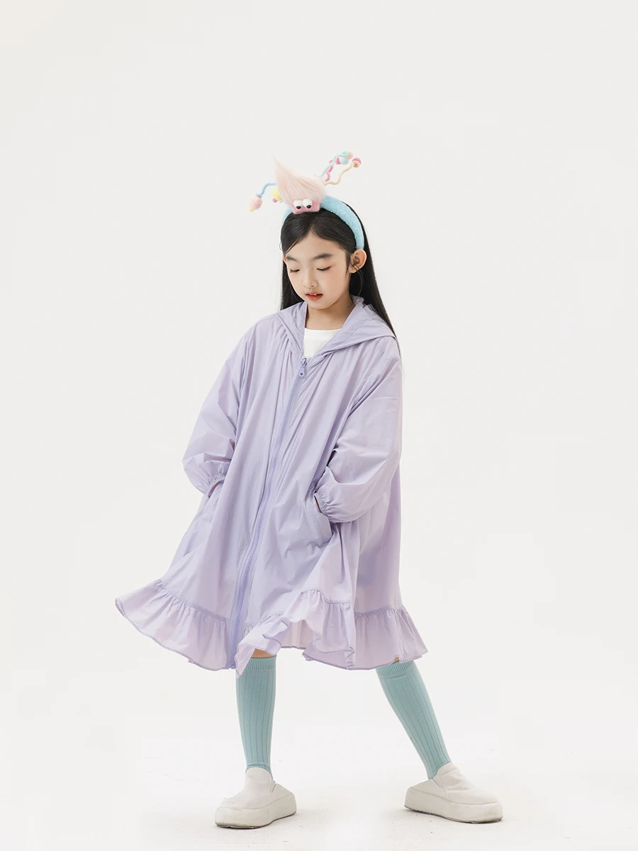 女の子用夏用紫色フリルカーディガン：アウトドアオシャレに最適なUVカット機能とゆったりシルエット