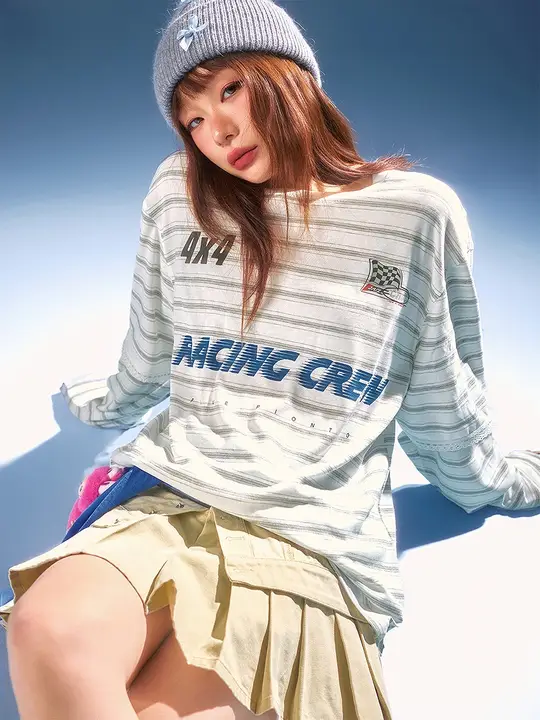 ストライプ模様のゆったりTシャツ【レースコンビ・長袖・女性用】