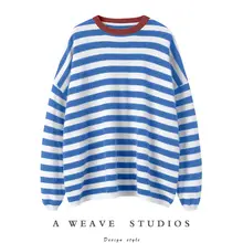 ストライプ デザインのラウンドネック カシミヤニット【ゆったりとしたシルエット・秋冬用・白鹅绒】（セットアップ対応）
