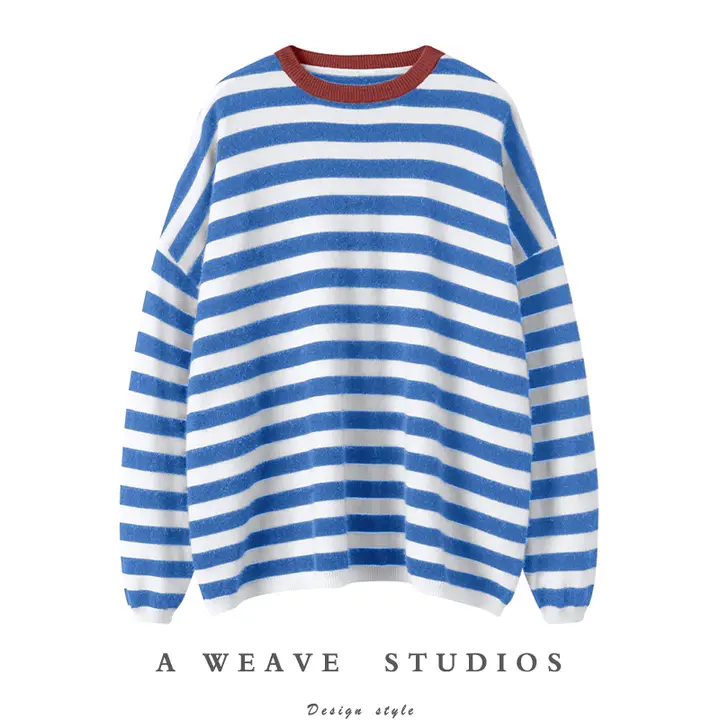 ストライプ デザインのラウンドネック カシミヤニット【ゆったりとしたシルエット・秋冬用・白鹅绒】（セットアップ対応）