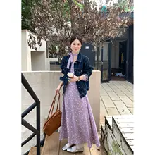 プリントデザインのVネックノースリーブワンピース【フラワー柄・長袖・中丈】