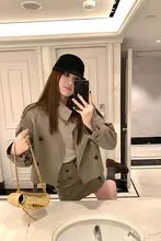 スイス美術館コレクション 緑色長袖ショートトレンチコートとAラインスカートセット【秋用】