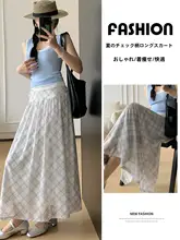 チェック柄ハイウエストフレアスカート【夏用・網状・Aライン・大きな裾】（セットアップ対応）