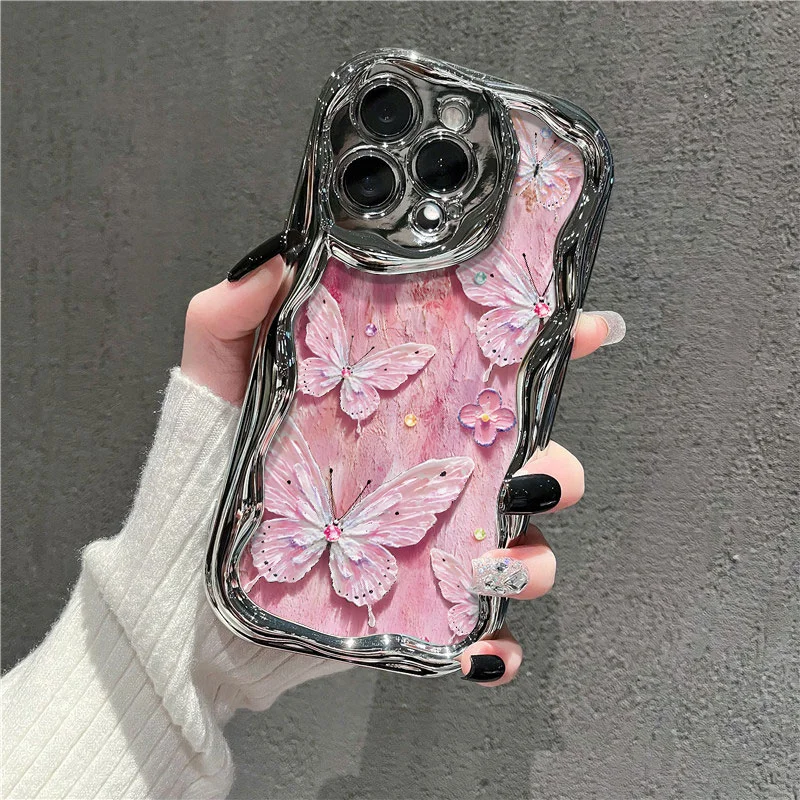 ミントグリーンの蝶柄デザイン【電鍍シルバーの油絵風・スマートフォンケース・Xiaomi Civi 4 Pro・Redmi Note 13 Pro対応】