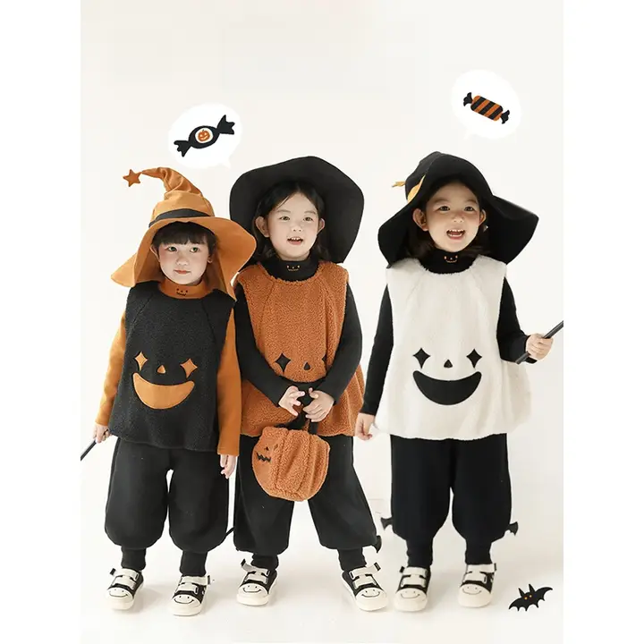 セットアップ 2点セット キッズ ガールズ ハロウィン ボアベスト ニットパンツ カボチャ アップリケ 裏起毛 もこもこ 防寒 冬