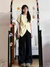 大きいサイズのフレンチスタイル・イレギュラーショルダー 半袖Tシャツ【夏用・極上の柔らかさ・イエロー】（セットアップ対応）