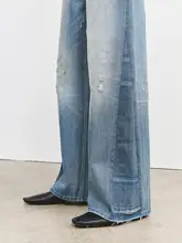 配色ウォッシュ加工デニムストレートパンツ【ひび割れ・ダメージ加工・スリムシルエット】