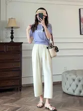 高級感のある白のハイウエスト九分丈ストレートパンツ【レディース・ウエストゴム・夏用・薄手】