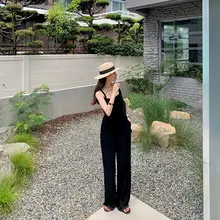 夏用 ストラップ付き ロングオーバーオール【スクエアネック・ウエストマーク・ポケット付き・膝丈】（セットアップ対応）