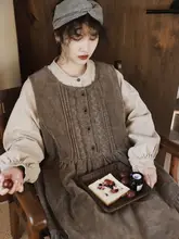 ビスチェドレス ハイウエスト 可愛い ゆったり コーデュロイ 森系 アート レトロ レース 秋冬 レディース