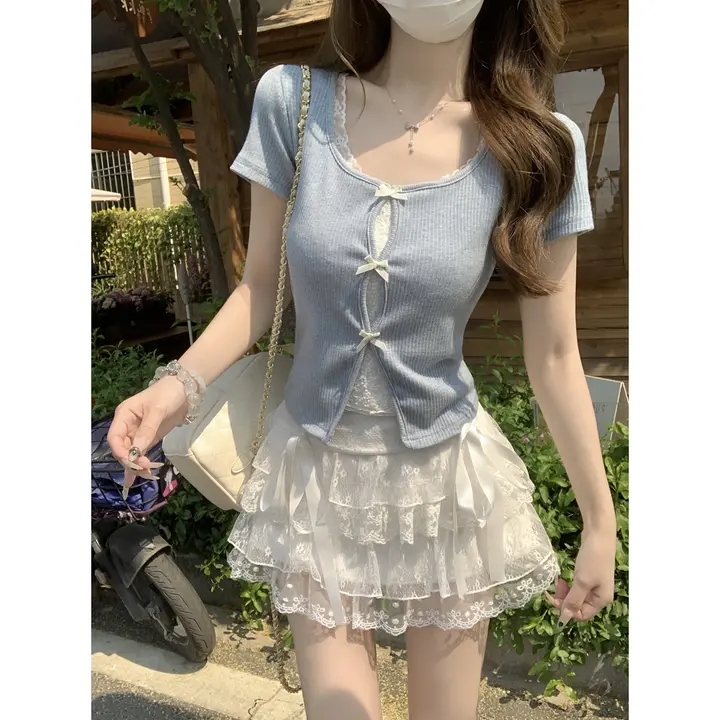 夏用 韓国風 バイカラー レース リボンデザイン ボックスネック 半袖Tシャツ（セットアップ対応）