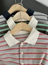 学院風ポロ襟秋用長袖Tシャツ【横縞・体型カバー・ゆったりデザイン】