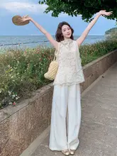 レース刺繍のタンクトップとパンツ【軽やかで独特なデザイン・夏用】（セットアップ対応）