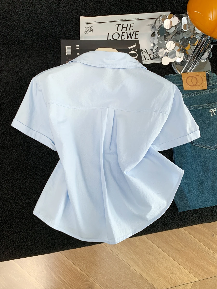 刺繍入りカラーブロックボタンシャツ：女性向け学院風短袖のデザインと着用法