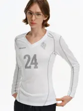 Vネックデジタルプリント長袖Tシャツ【スポーツスタイル・レトロデザイン・女性用・秋春対応】