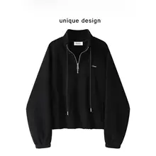 ハーフジップスウェット レディース アルファベット刺繍 クロップド 厚手 ルーズ アメカジ ヴィンテージ 着回し 冬「XinmonLee」