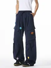 ユニセックス 春秋用ワイドフィット花柄刺繍カーゴパンツ【スタイル・クールなデザイン】（セット アップ対応）