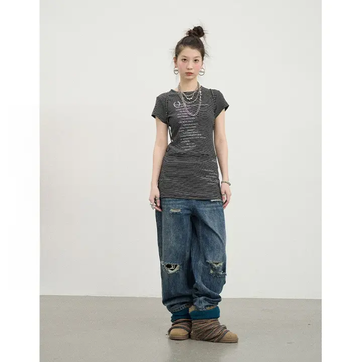 Tシャツワンピース レディース 半袖 ピクセル柄 ストライプ タイト 夏 「Achihara」