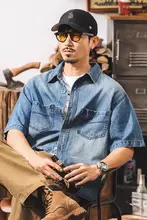 リネン調デニムシャツ【メンズ・夏用・ゆったりシルエット・半袖・アメリカンヴィンテージスタイル】