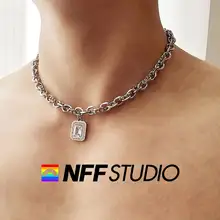 NFF デザインのメンズファッションネックレス【キューブストーン・チタン鋼・カジュアルスタイル】