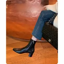羊皮製 女性用ショートブーツ【高ヒール・太ヒール・チェルシーブーツスタイル・秋冬用】