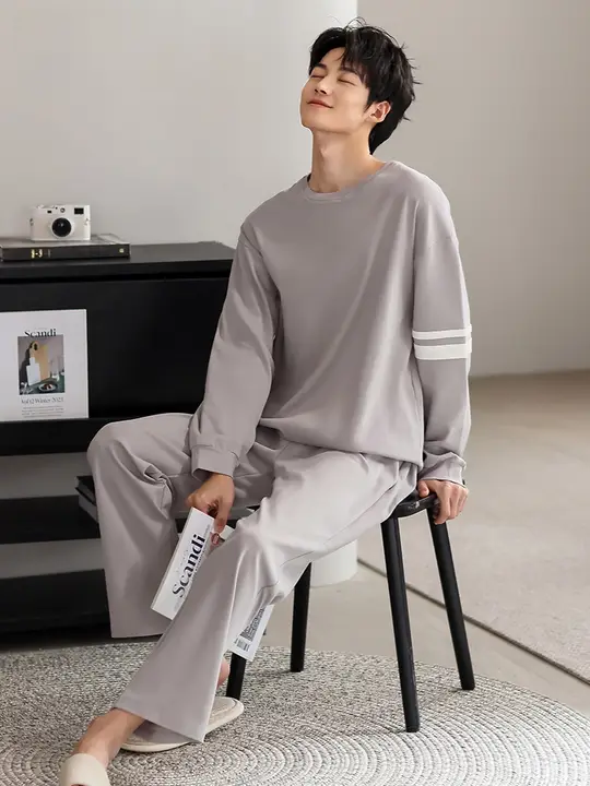 モーダル メンズ 春秋 長袖 ラウンドネック パジャマ
