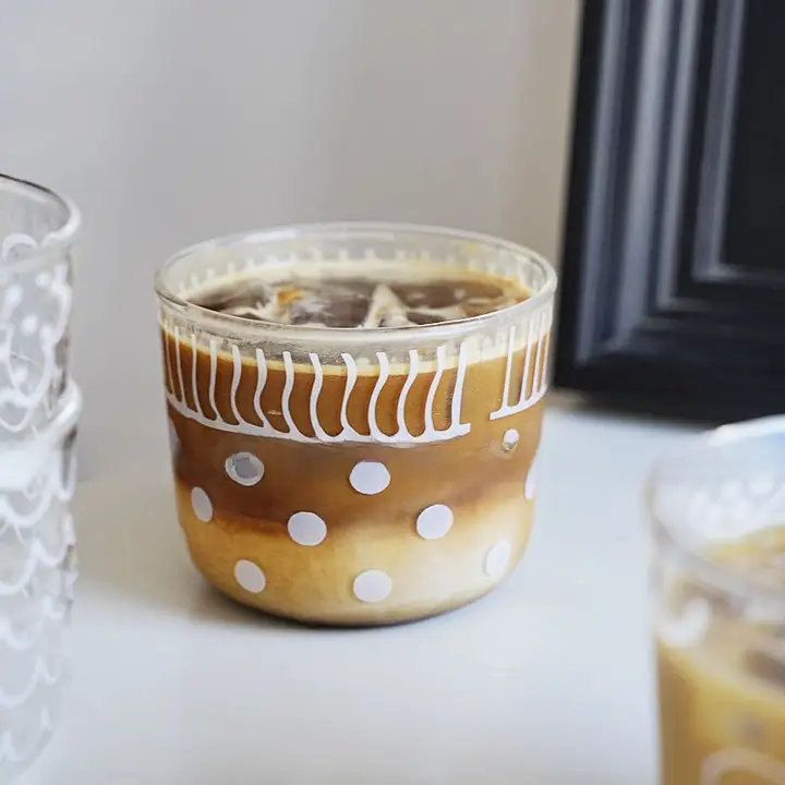 レトロデザインのドット模様耐熱ガラスカップ【アイスコーヒー・朝食用・スイーツにも】